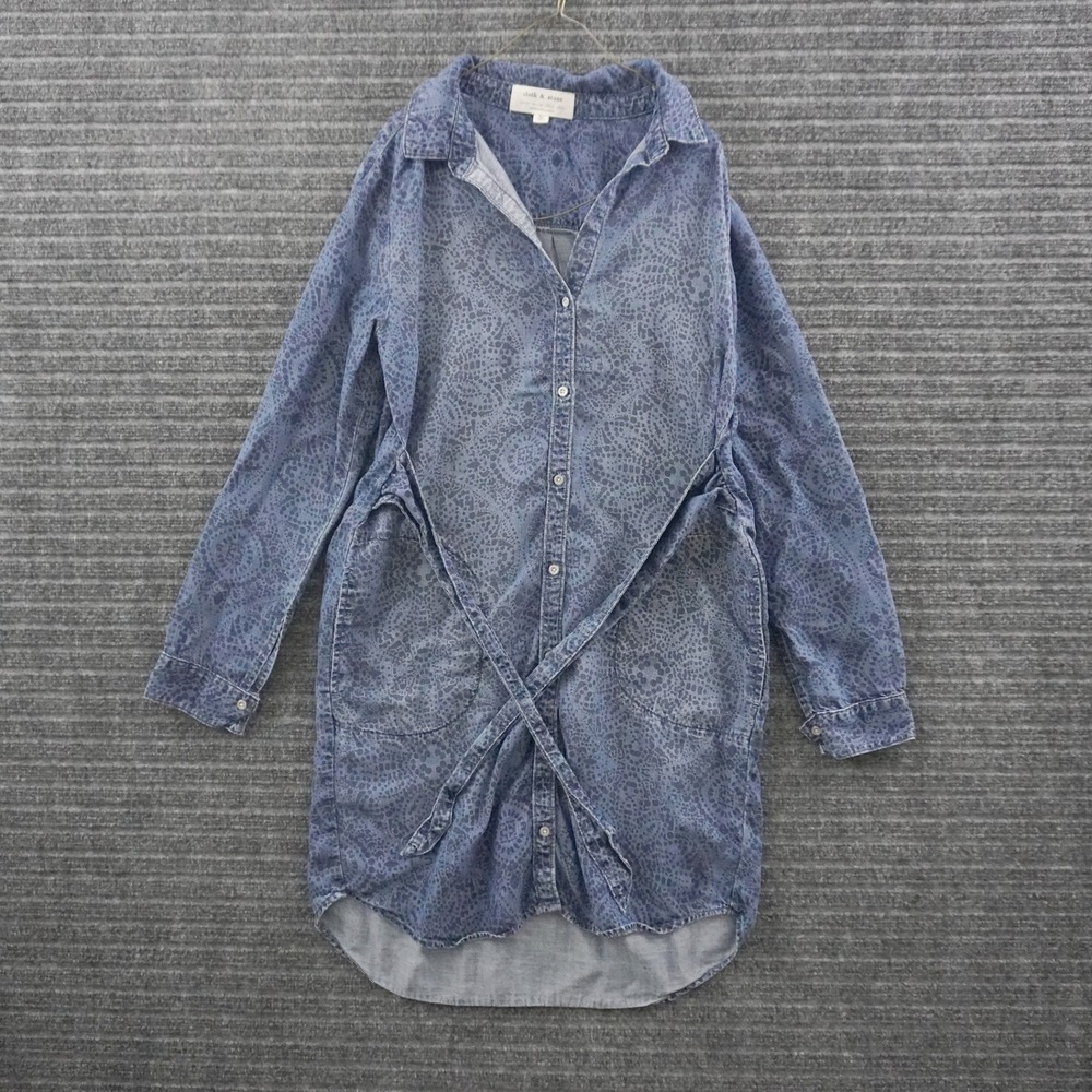 Cloth & Stone Shirt Dress Womens Small Blue Printed Long Sleeve Belted Pockets